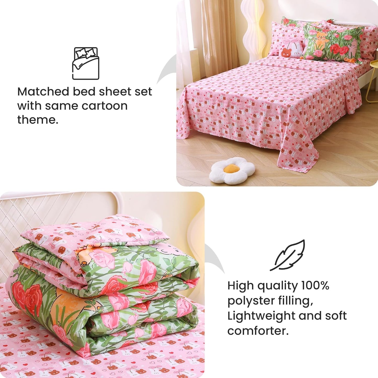 Sets 6 Set Set Mooreeke Twin Size Comforter for Girls Kids, Pieces Bed in a Bag Garden Cute Rabbit Floral Bedding