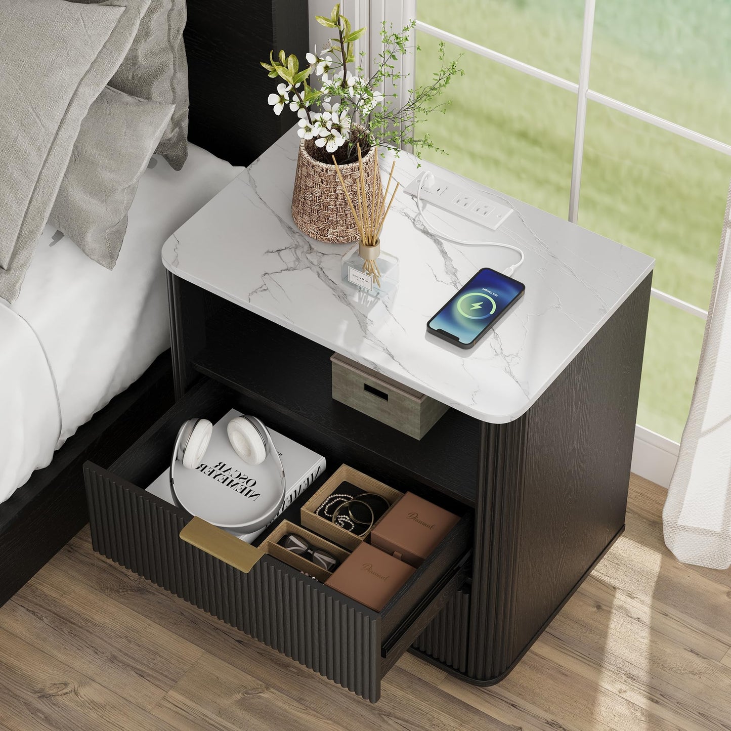 Fluted Nightstand with Charging Station, Bedside Table with Storage & Drawers, Faux Marble-Top, Modern Mid Century Bedside End Table with Drawer, Large Nightstand for Bedroom, Living Room, Black