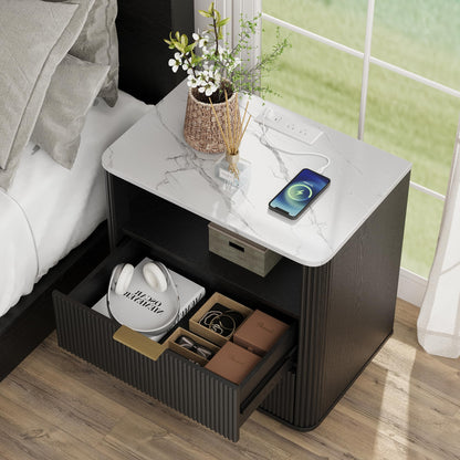 Fluted Nightstand with Charging Station, Bedside Table with Storage & Drawers, Faux Marble-Top, Modern Mid Century Bedside End Table with Drawer, Large Nightstand for Bedroom, Living Room, Black