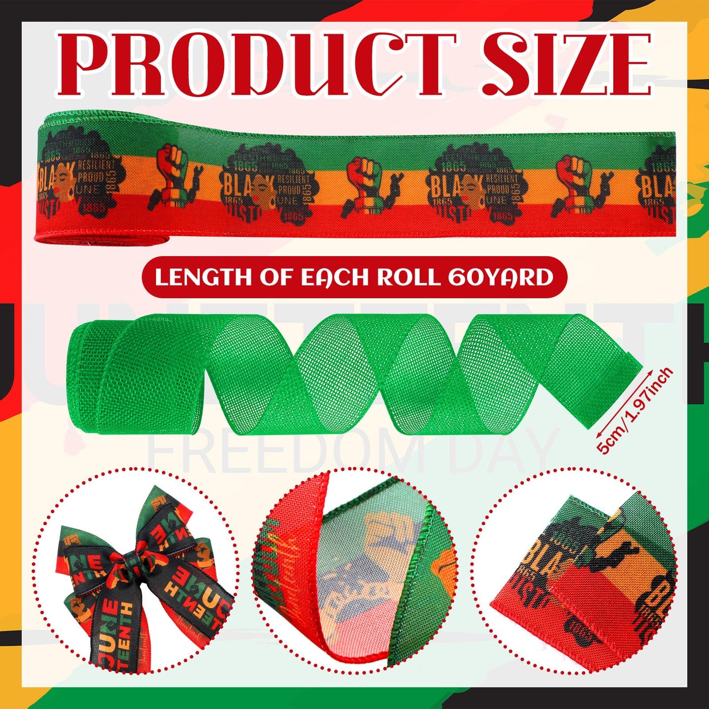 Vincreem 12 Rolls 60 Yards Juneteenth Ribbons Wired Edge Fabric Ribbons Craft Assortment Themed Juneteenth Freedom Day Pattern Wrapping Crafts for DIY Gift Hair Sewing Wreath, 12 Styles