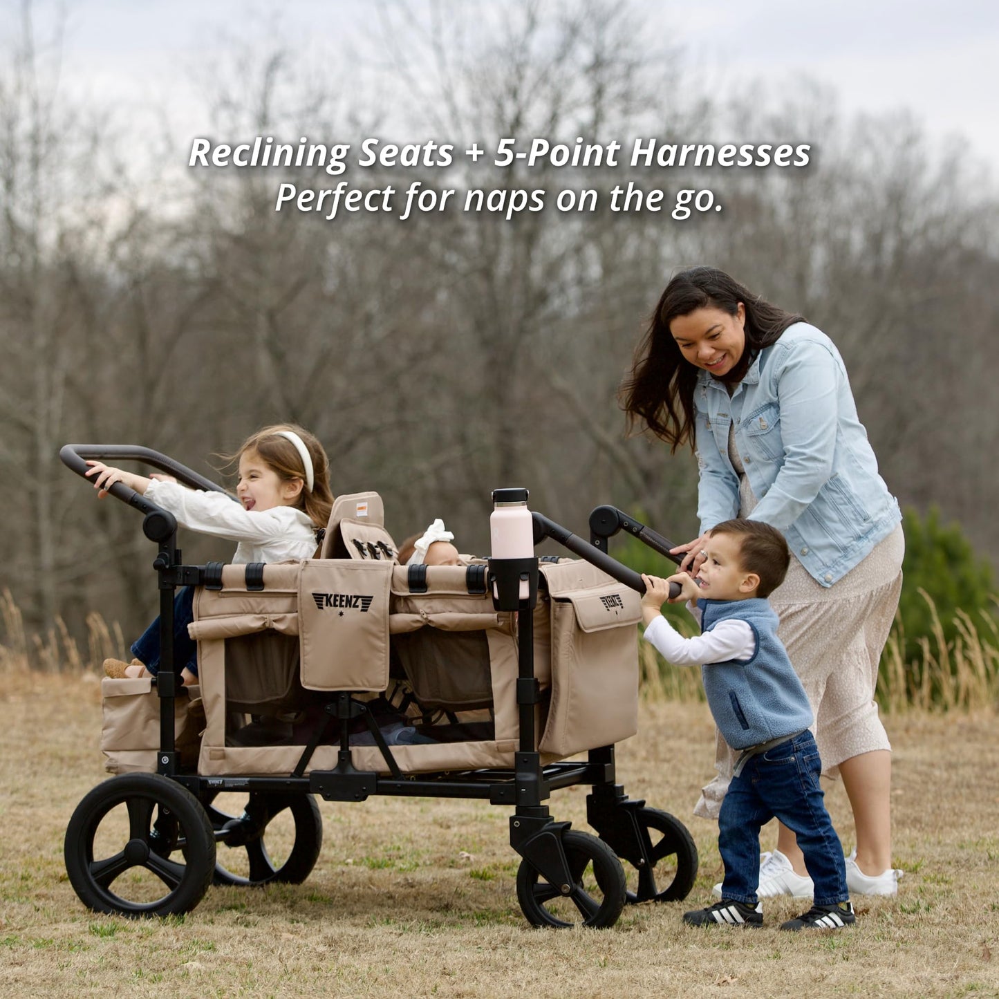 Keenz MOOV 2-Passenger All-Terrain Stroller Wagon with Reclining Seats, Cooler Bin, Push/Pull Handle, and Rubber Wheels – Foldable Wagon for Kids and Toddlers, Mocha