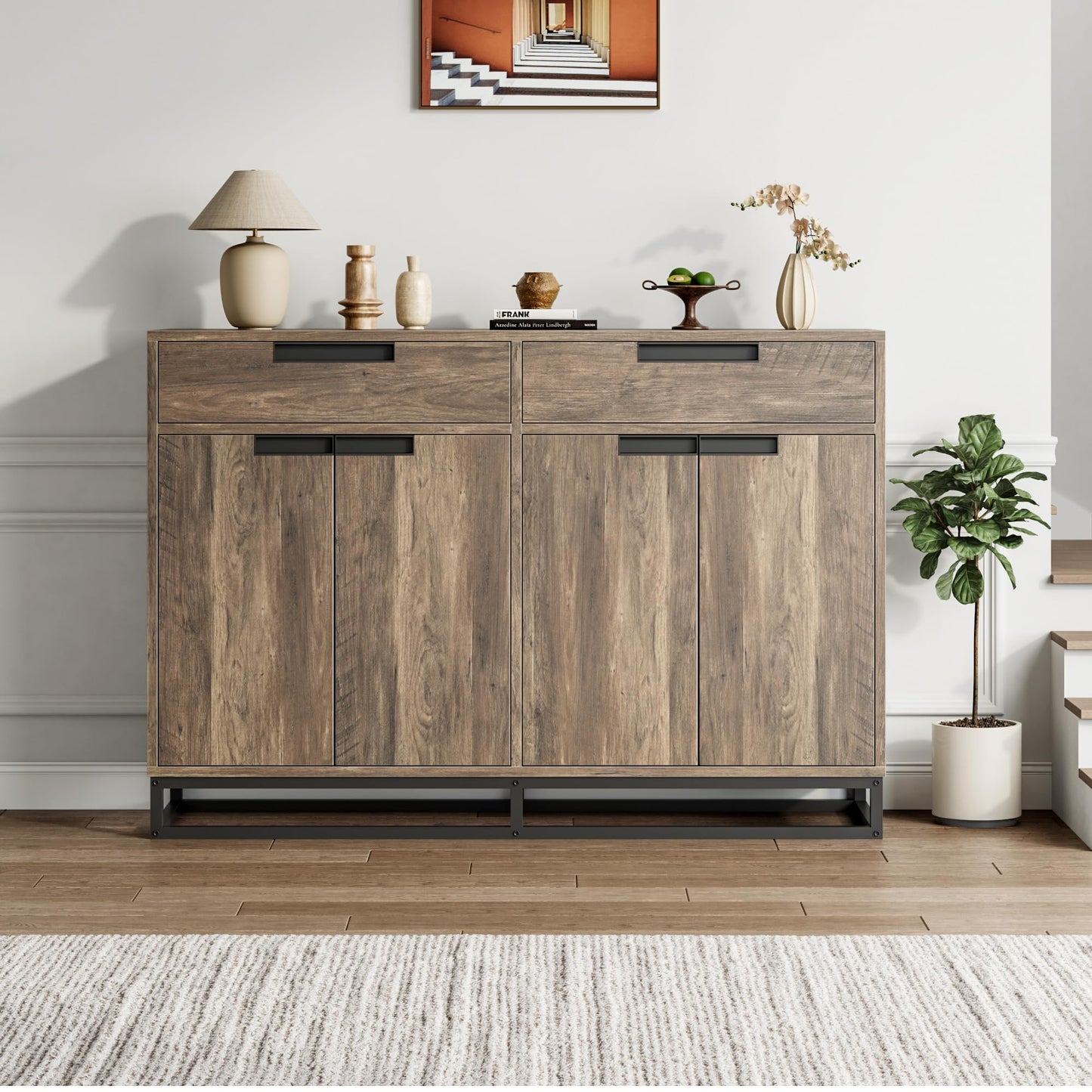 GarveeHome Sideboard Buffet Cabinet, 55-Inch Large Modern Kitchen Accent Storage Cabinet with 2 Drawers and 4 Doors, Coffee Bar Buffet Table for Kitchen and Dining Room (Retro)