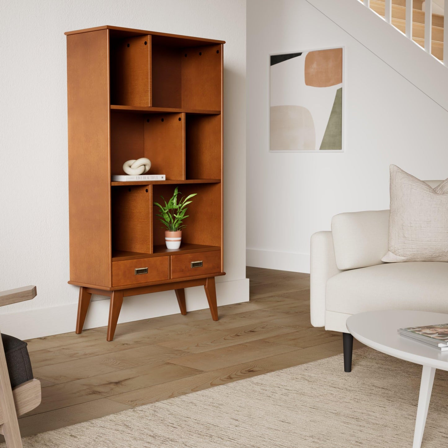 SIMPLIHOME Draper Bookcase - 64 inch Tall Solid Wood Wide Storage Bookshelf in Teak Brown, Mid-Century Modern Storage for Living Room, Study Room or Office with Adjustable Shelves and Tapered Legs
