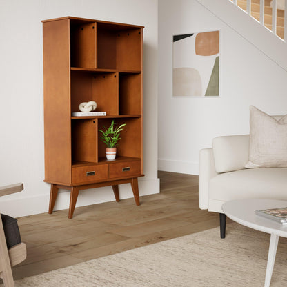 SIMPLIHOME Draper Bookcase - 64 inch Tall Solid Wood Wide Storage Bookshelf in Teak Brown, Mid-Century Modern Storage for Living Room, Study Room or Office with Adjustable Shelves and Tapered Legs