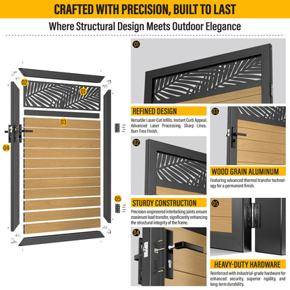 Brukid 4x5 FT Aluminum Fence Gate Kit Wood Grain Aluminum Gate with Decorative Cutout, Lock & Hinges, Left/Right Opening, Weather Resistant for Yard Garden Patio
