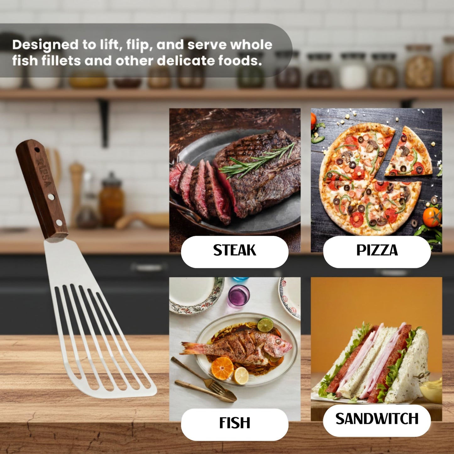 Fish Spatula Stainless Steel Pack of 2 | Slotted Fish Turners for Nonstick Cookware Elegant Silver Blade with Natural Walnut Wooden Handle, 11” Flexible Spatula for Home & Professional Cooking