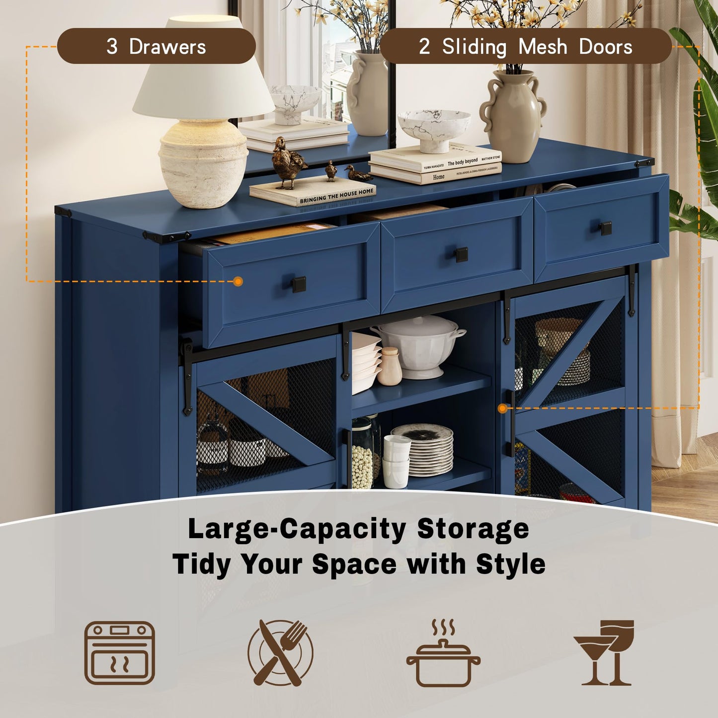 GDFStudio 55" Farmhouse Buffet Cabinet with Sliding Barn Mesh Doors & 3 Drawers, Sideboard Storage Cabinet with Adjustable Shelves, Coffee Bar Cabinet Credenza for Dining Room Living Room, Navy Blue