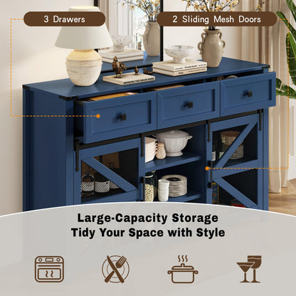 GDFStudio 55" Farmhouse Buffet Cabinet with Sliding Barn Mesh Doors & 3 Drawers, Sideboard Storage Cabinet with Adjustable Shelves, Coffee Bar Cabinet Credenza for Dining Room Living Room, Navy Blue