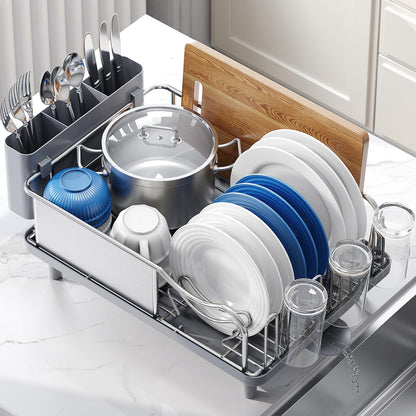 Urackify Stainless Steel Dish Drying Rack - Large Capacity Kitchen Counter Organizer with Drain Board, Utensil Holder & Detachable Cup Shelf, 304 Surgical-Grade Rust-Proof Dish Drainer, Easy Assembly