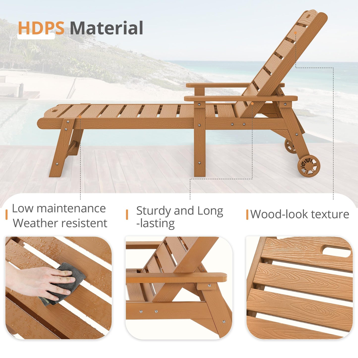 LUE BONA Outdoor Chaise Lounge Chairs Set of 2, HDPS Chaise Lounger, 5 Positions Adjustable Lounge Chairs, Pool Lounge Chair with Wheels for Poolside, Patio, Restaurant, 3 Year Warranty, Teak Color