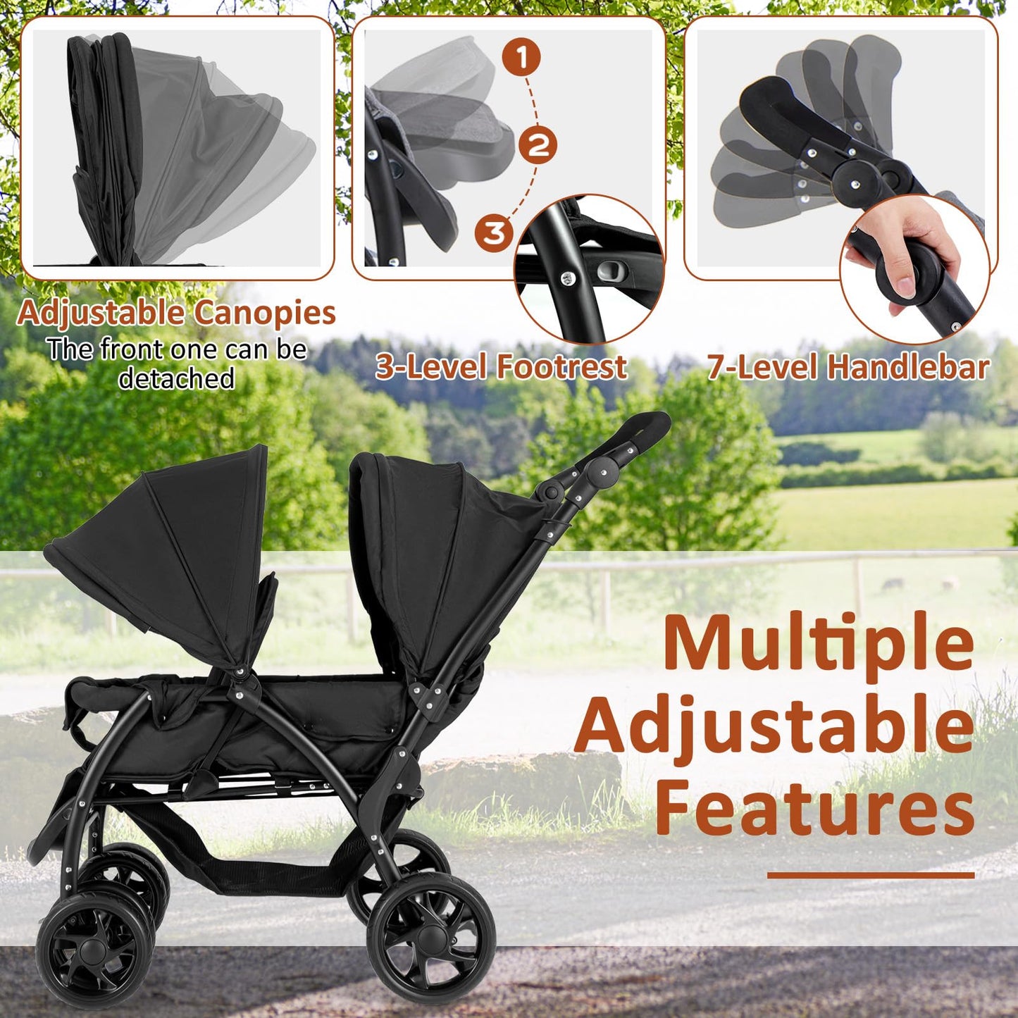 GLACER Foldable Twin Stroller, Double Baby Stroller w/Multi-Level Backrest, Canopy, Handle & Footrest, Safety Belt & Brake System, Travel Tandem Seating Stroller w/Lockable Wheels (Black)