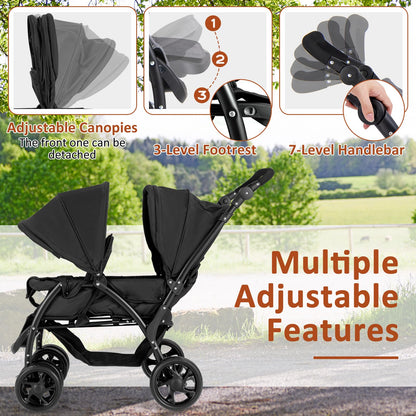 GLACER Foldable Twin Stroller, Double Baby Stroller w/Multi-Level Backrest, Canopy, Handle & Footrest, Safety Belt & Brake System, Travel Tandem Seating Stroller w/Lockable Wheels (Black)