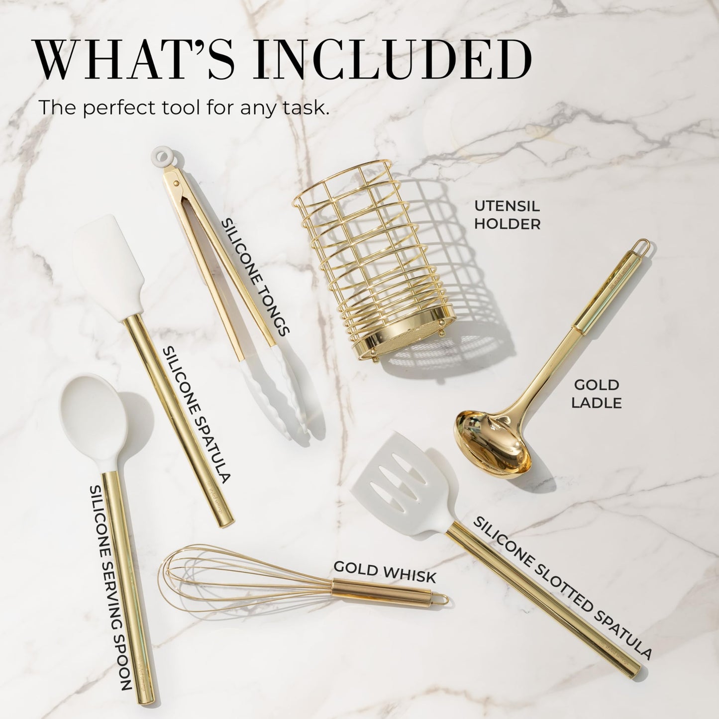White Silicone and Gold Cooking Utensils Set with Gold Utensil Holder - 7-Piece Silicone Cooking Tools - Ideal for Nonstick Cookware and Stylish Modern Kitchens - Luxury Kitchen Accessories.