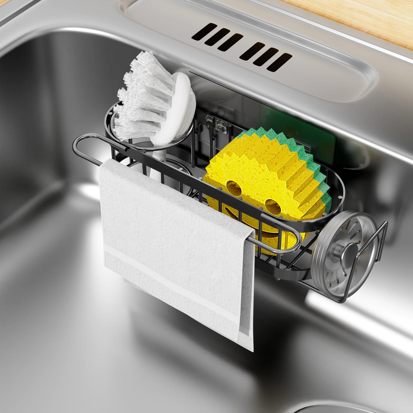 Cisily Kitchen Sink Caddy Sponge Holder in The Sink, Stainless Steel Kitchen Sink Organizer, Brush Holder, Dish Cloth Hanger, Sink Stopper Holder (Suction cup-Black)
