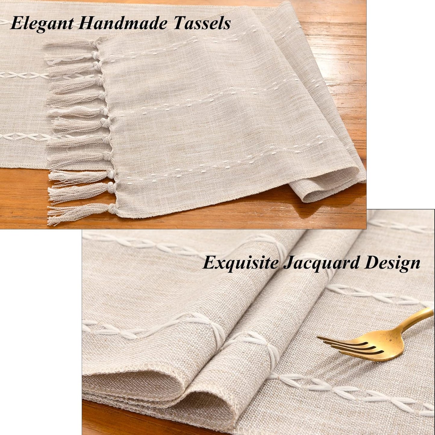 Wracra Rustic Linen Table Runner, 72 inches Long Embroidered Fall Table Runner with Hand-Tassels, Light Coffee, 13"×72"