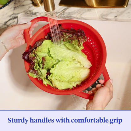 GIR Collapsible Colander for Kitchen, Silicone Strainer and Steamer, BPA-Free, Heat-Resistant, Space-Saving Collapsible Strainer with Stainless Steel Rim, Dishwasher Safe - Red