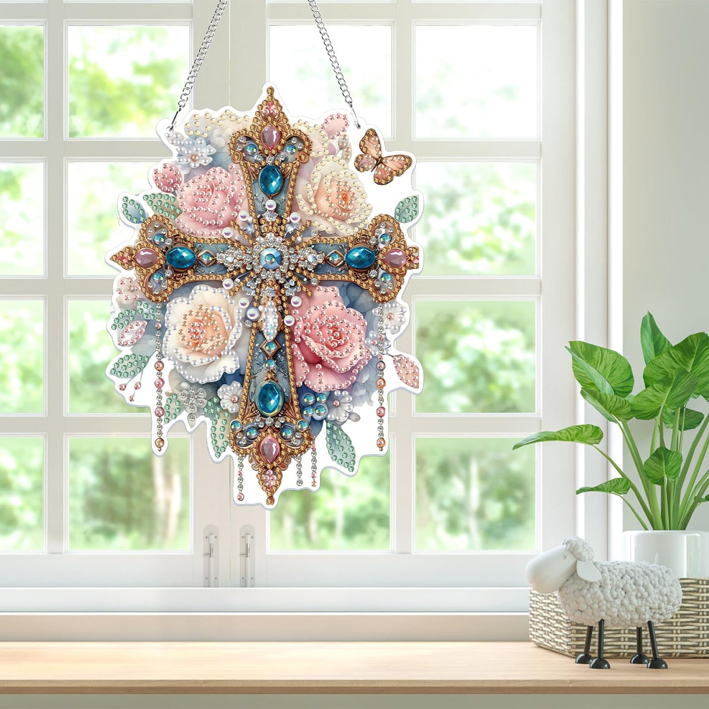 Bowetile Hanging Diamond Art Cross Kits for Adults, 5D Special Shape Diamond Painting Flower Kits, Cross Diamond Gem Art Suncatchers Painting Pendant Ornament for Home Garden Wall Decor