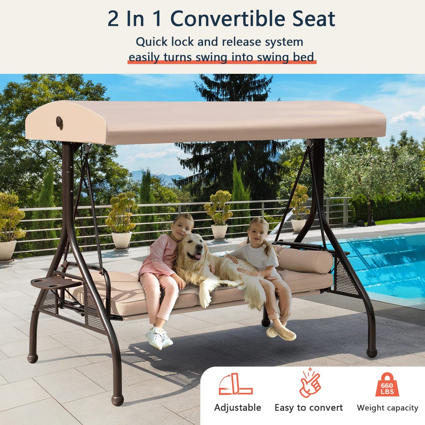 NOBLEMOOD Patio Porch Swing, 3-Seat Outdoor Swing with Adjustable Canopy, Waterproof Fabric Cushion, Pillow and Foldable Side Tray for Patio, Backyard, Porch Swing Bed for Spring