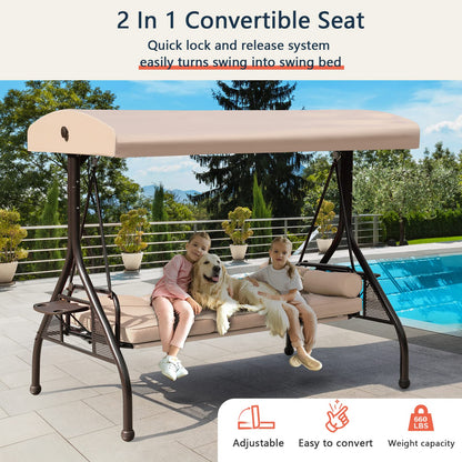 NOBLEMOOD Patio Porch Swing, 3-Seat Outdoor Swing with Adjustable Canopy, Waterproof Fabric Cushion, Pillow and Foldable Side Tray for Patio, Backyard, Porch Swing Bed for Spring