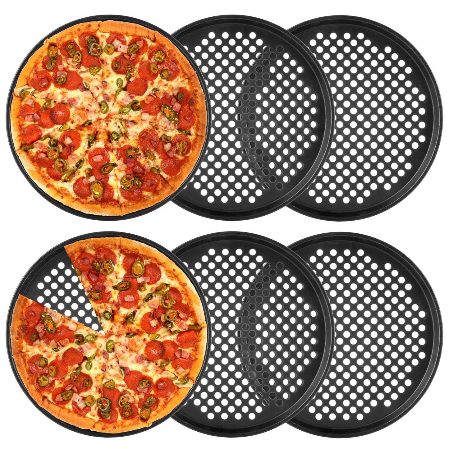 YOUNTHYE 6PCS Pizza Pan with Holes 12 inch Round Pizza Pan Set Nonstick Pizza Baking Pan Carbon Steel Pizza Tray Black Pizza Crisper Pan for Home Baking Kitchen