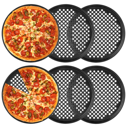 YOUNTHYE 6PCS Pizza Pan with Holes 12 inch Round Pizza Pan Set Nonstick Pizza Baking Pan Carbon Steel Pizza Tray Black Pizza Crisper Pan for Home Baking Kitchen