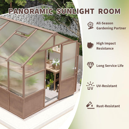 8x10 FT Outdoor Wood Greenhouse, Heavy Duty Solid Pine Wooden Walk-in Green House with 6MM Thick Polycarbonate Panels, Adjustable Roof Vents and Lockable Door, Garden House for Backyard Patio Lawn