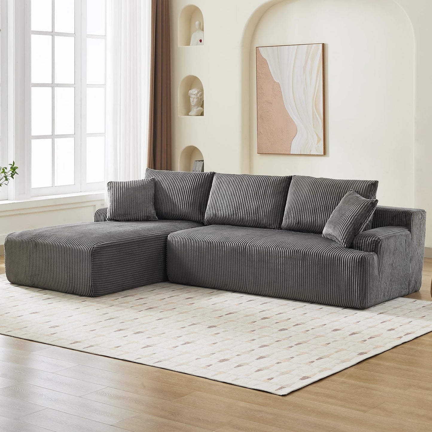 GAOMON 106" Modular Sectional Couch with L-Shape Left Chaise, Modern Boneless Couches for Living Room, Corduroy Fabric Loveseat Sofa Sleeper with Deep Seat, No Assembly Required, Dark Grey