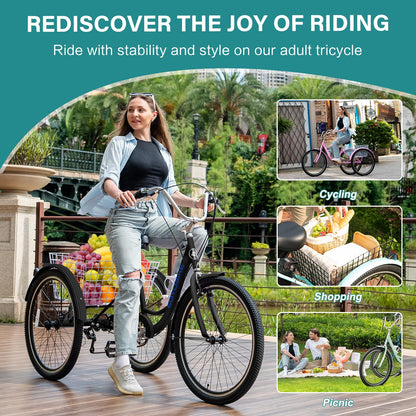 MOPHOTO Adult Tricycle 7 Speed, 20/24/26 Inch Low Step-Through Adult Trike with Large Rear Basket, 350 lbs Capacity 3 Wheel Bike for Seniors, Women and Men
