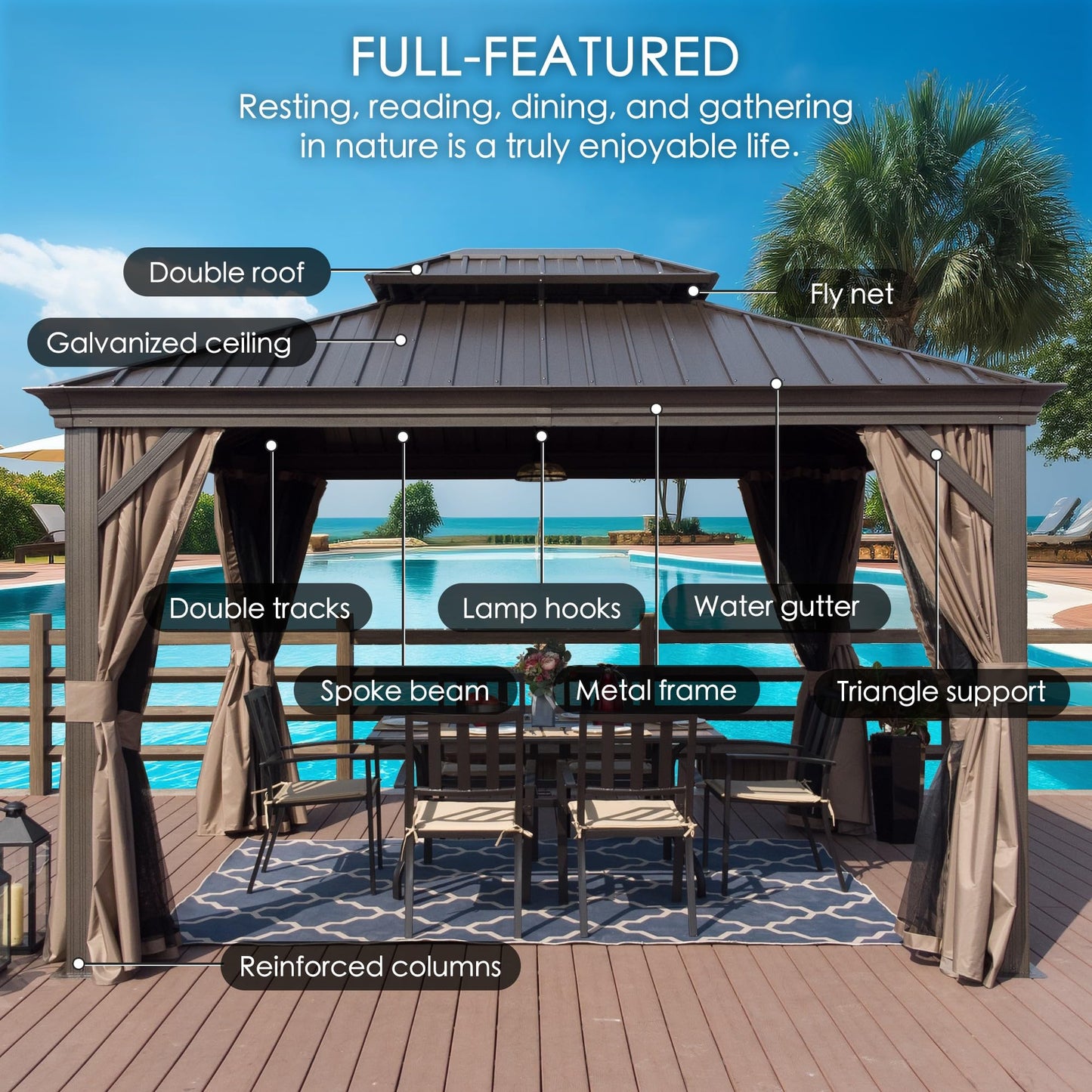 Kozyard Alexander 10' x 12' Hardtop Gazebo, Aluminum Frame with Galvanized Steel Double Roof, Outdoor Permanent Pavilion with Curtains and Netting for Patio, Backyard, Deck, Lawn(Brown)