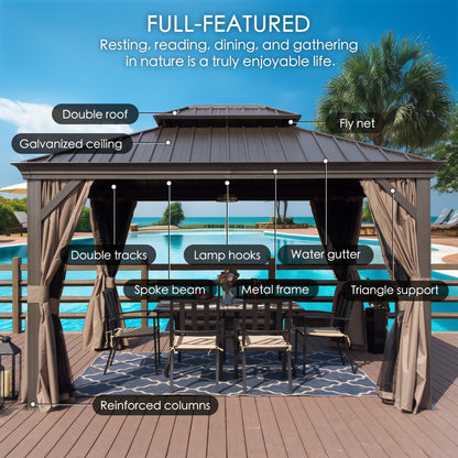 Kozyard Alexander 10' x 12' Hardtop Gazebo, Aluminum Frame with Galvanized Steel Double Roof, Outdoor Permanent Pavilion with Curtains and Netting for Patio, Backyard, Deck, Lawn(Brown)