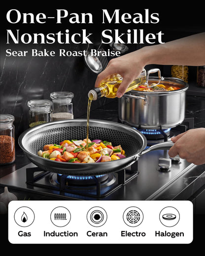 XBM Nonstick Frying Pan with Lid 12-Inch, Durable Stainless Steel Skillet, Induction Cooktop Compatible, PFOA-Free Scratch-Proof, Dishwasher & Oven Safe, Stay-Cool Handle, Silver Kitchen Cookware