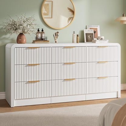 Decofy Fluted 9 Drawers Dresser, 63'' Wide Modern Chest of Drawers with Round Edge & Metal Handle, Wood Drawer Organizer for Bedroom, Living Room, White