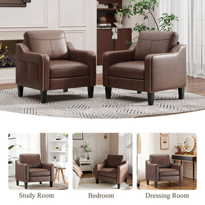 MALOL PU Leather Accent Chair Set of 2, Mid-Century Modern Living Room Armchair Sofa with Removable Cushions & Stitched Armrest Design, Bedroom Chair with Plastic Legs, Chocolate Brown