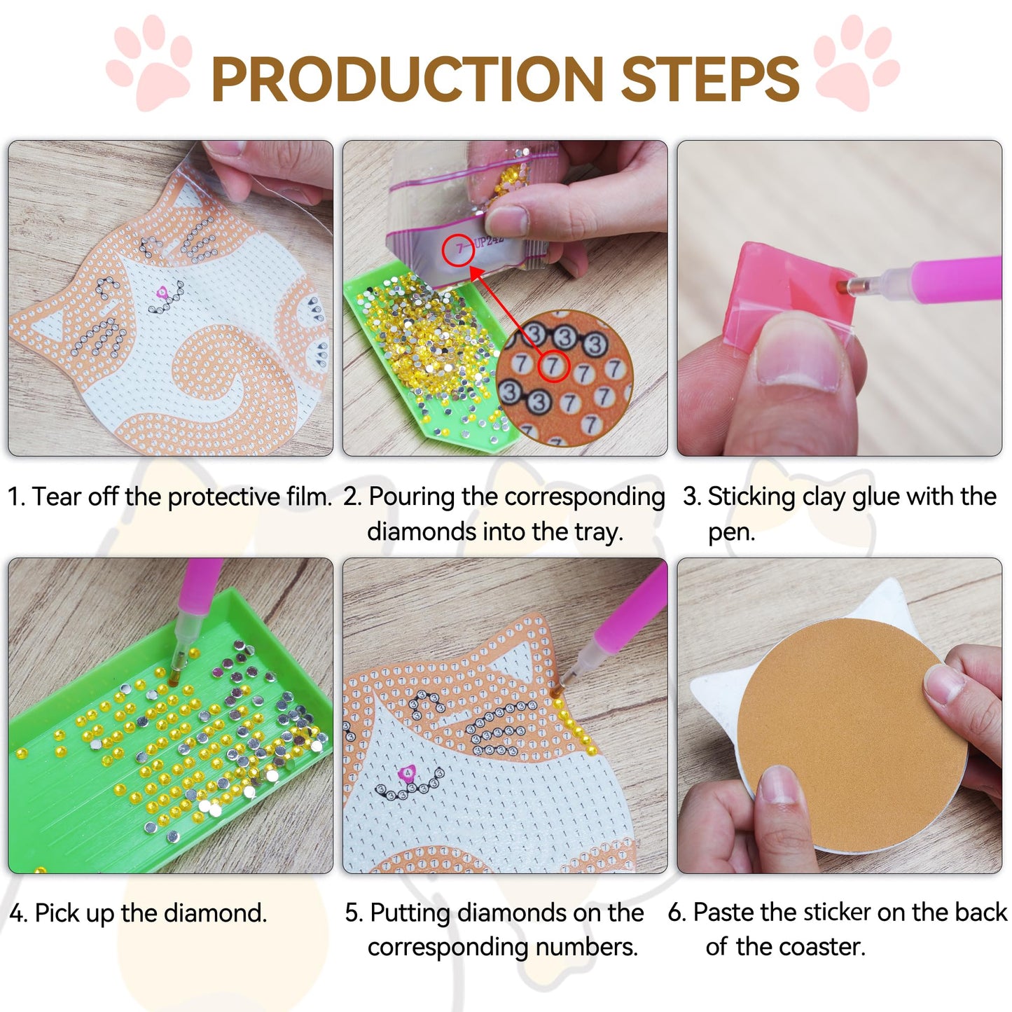 Vcekract Diamond Painting Coasters Kits, 6 Pcs Cat Diamond Art Coasters with Holder, Crafts Kits for DIY Coasters, Diamond Art Kits for Adults
