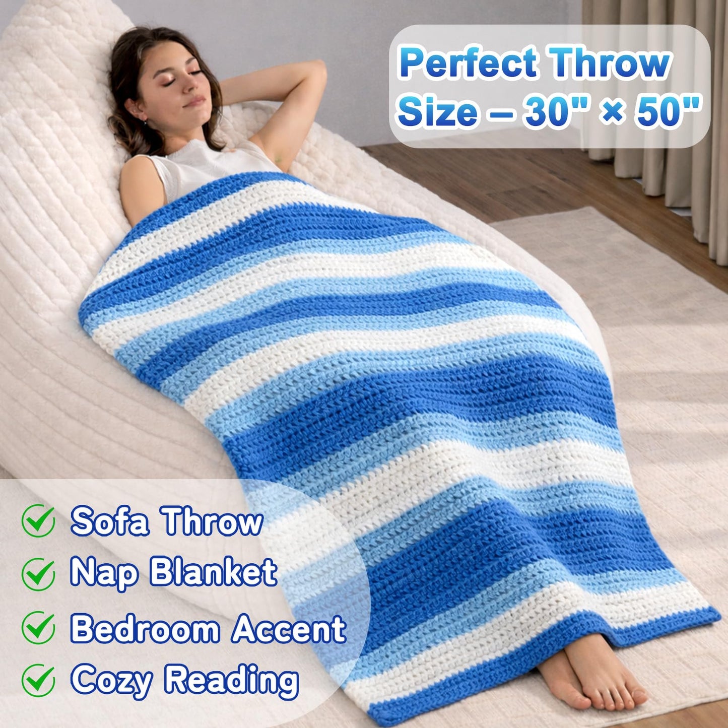 Reessy Crochet Blanket Kit for Beginners Adults – Gradient Blue Ombre Throw Blanket Kit with Soft Chenille Yarn, Hooks & Instructions – Handmade Crochet Starter Set for Adults