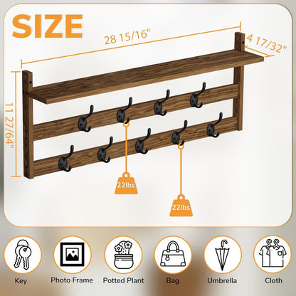 AMBIRD Coat Rack Wall Mount with Shelf, 29" Coat Hooks Wall Mounted with 9 Metal Hooks for Entryway, Bathroom, Bedroom, Living Room, Kitchen, 2 Tier Wall Hooks for Clothes, Hat, Towel, Key, Purse