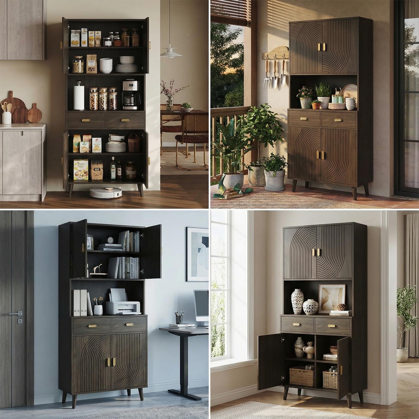 LIKIMIO 71.6" Tall Kitchen Pantry Cabinet, Walnut Mid-Century Hutch Cabinet with Storage- 3 Adjustable Shelves, 2 Drawers, Multi-Room Pantry