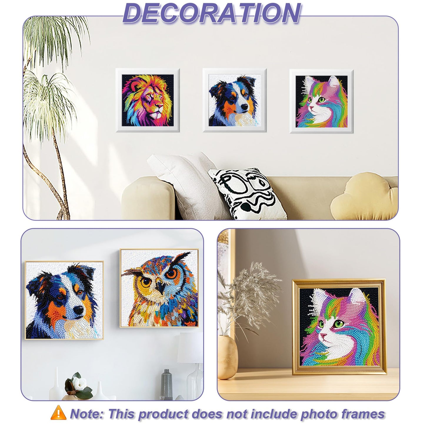 lesaonsy Diamond Art Kits for Kids, 4 Pack Set Diamond Painting Kits for Boys & Girls, Gem Art DIY Craft (Cat Dog Lion Owl)