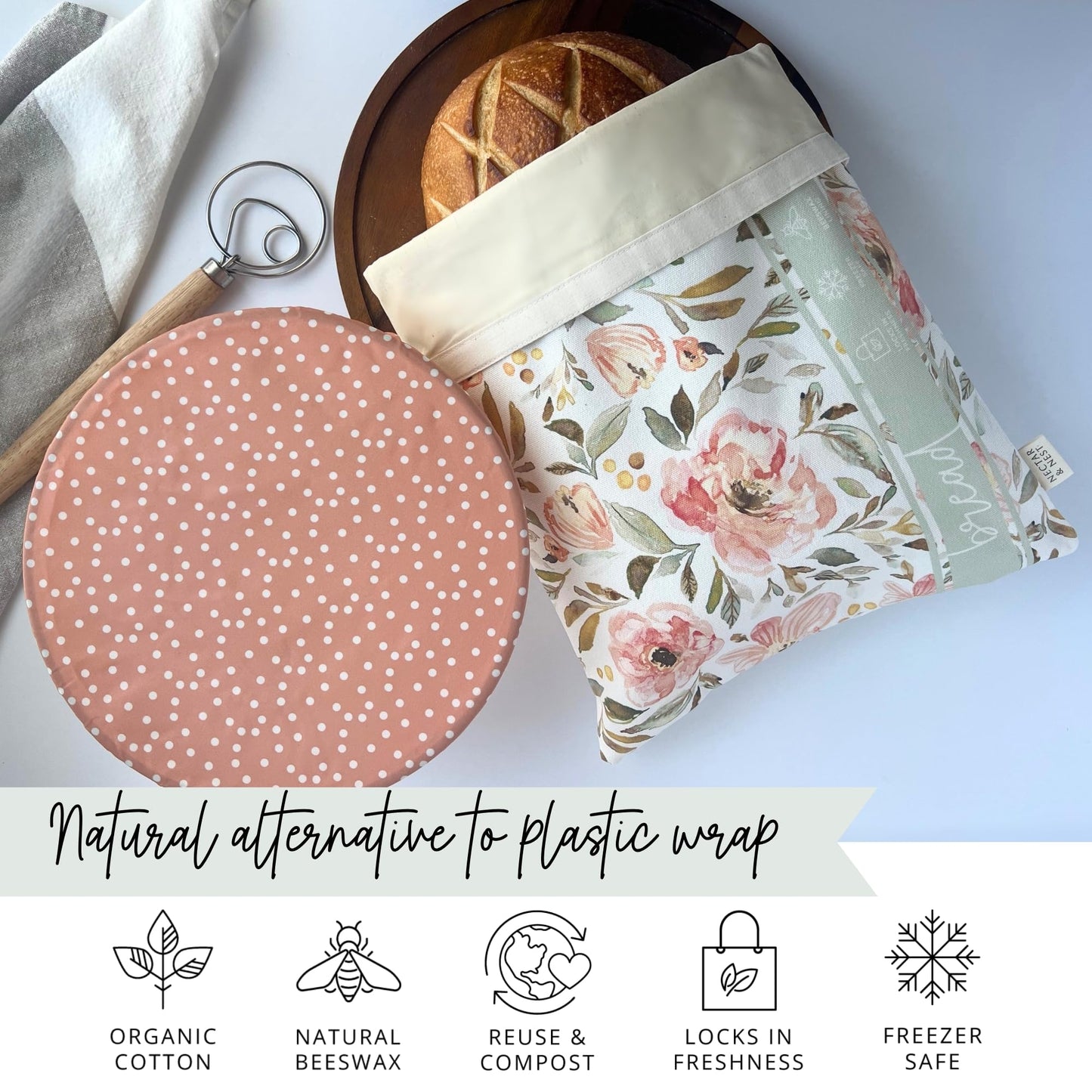 Nectar & Nest Bread Baker Set, Reusable Beeswax Bread Bags for Homemade Bread, Sourdough Bag, Organic Cotton Beeswax Bowl Cover, Limited-Edition Artist Series