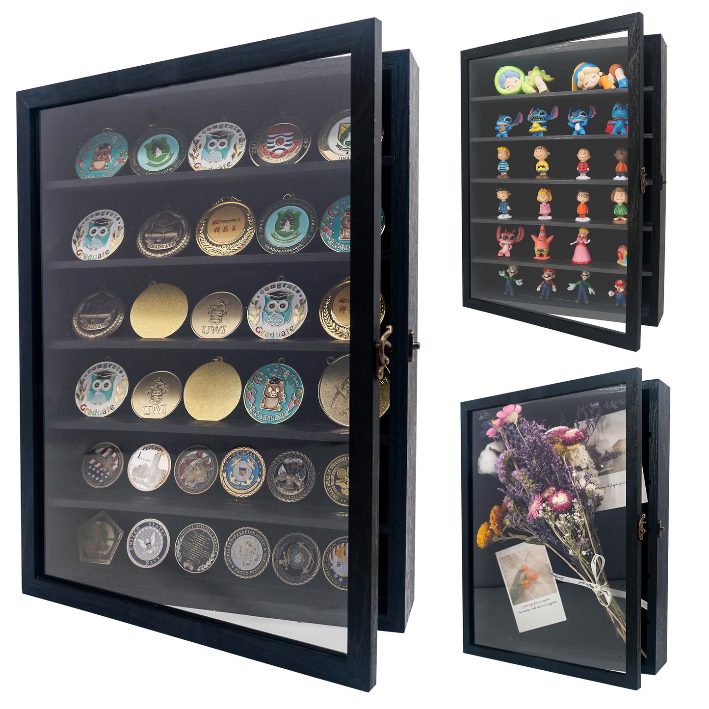 GMFrames 12x16 Wooden Shadow Box Frame with Removable Shelves Deep Display Case for Military Medals Keepsakes Black
