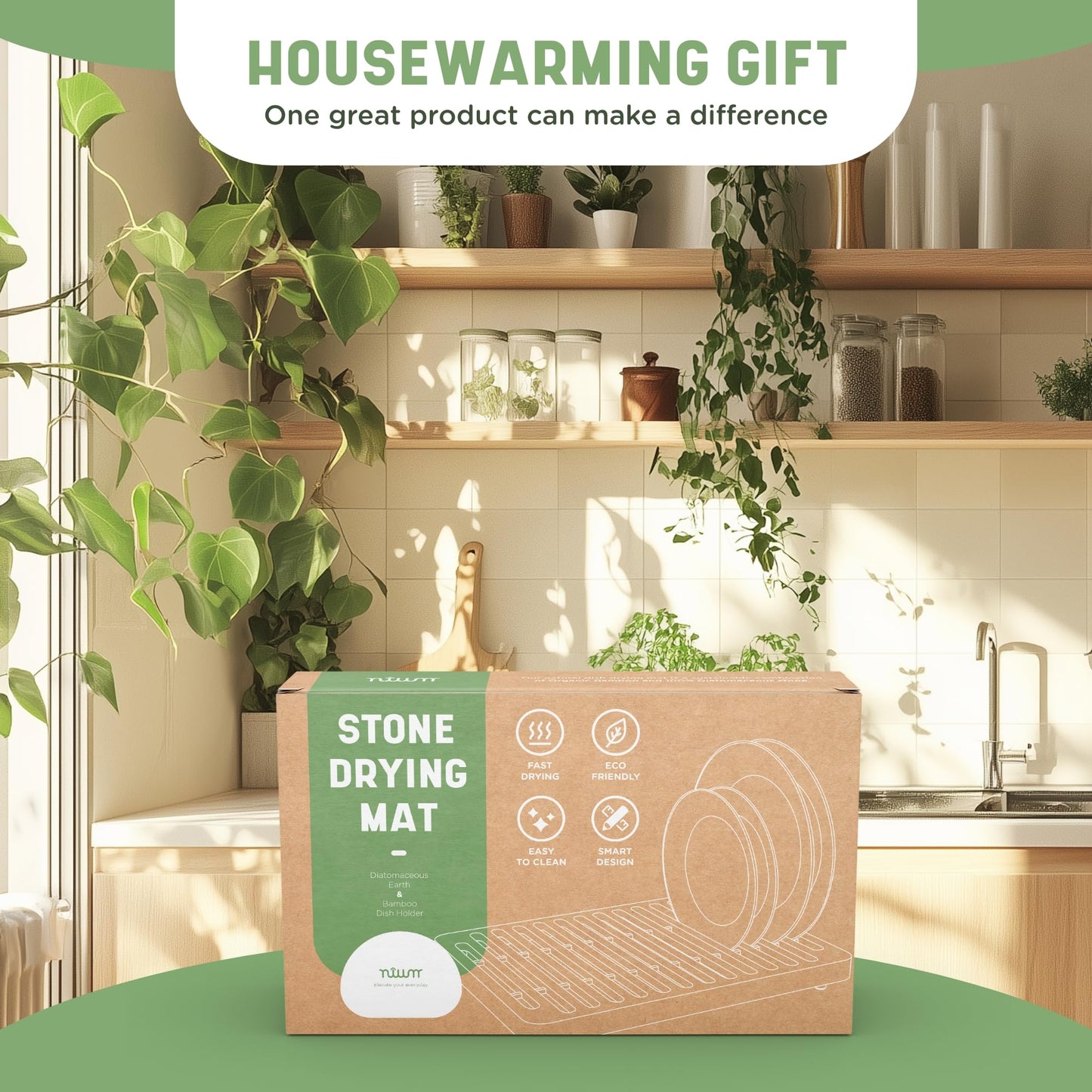 NIUM Stone Drying Mat for Kitchen Counter & Bamboo Rack - 16″x12″ - Diatomaceous Earth Dish drying mat Ultra Absorbent & Fast Drying - EcoFriendly with Non-Slip Pads & Anti-Moisture Design