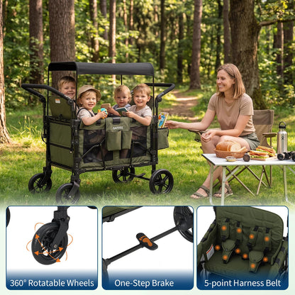 Stroller Wagon for 4 Kids, Premium Quad Stroller Wagon with 4 Convertible Seats, Adjustable Push/Pull Handles, 5-Point Harness Belt, Snack Tray, Removable Canopy & Flat Fold, One-Step Brake, Green