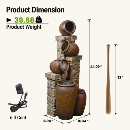 Dalxo 44-Inch Outdoor Water Fountain, 5-Tier Floor Standing Cascading Jars and Stacked Stones Resin Waterfall Fountain with 4 LED Lights, Home Decor for Garden, Patio, Yard, Farmhouse or Deck in Brown