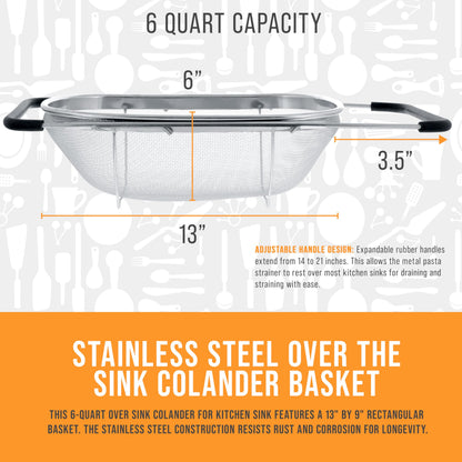 U.S. Kitchen Supply Stainless Steel Colander Strainer - 6-Quart Collapsible Colander with Expandable Rubber Handles - Rectangular Sieve, Fine Mesh Stainless Steel Strainers and Colanders for Kitchen