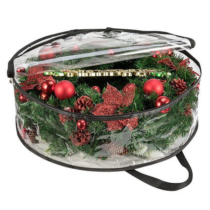 4 PCS Clear Wreath Storage Bag, 24x8 Inch Christmas Wreath Storage Container, Heavy Duty PVC Wreath Protector with Handle for Xmas Holiday Seasonal Wreath Garland (Black)