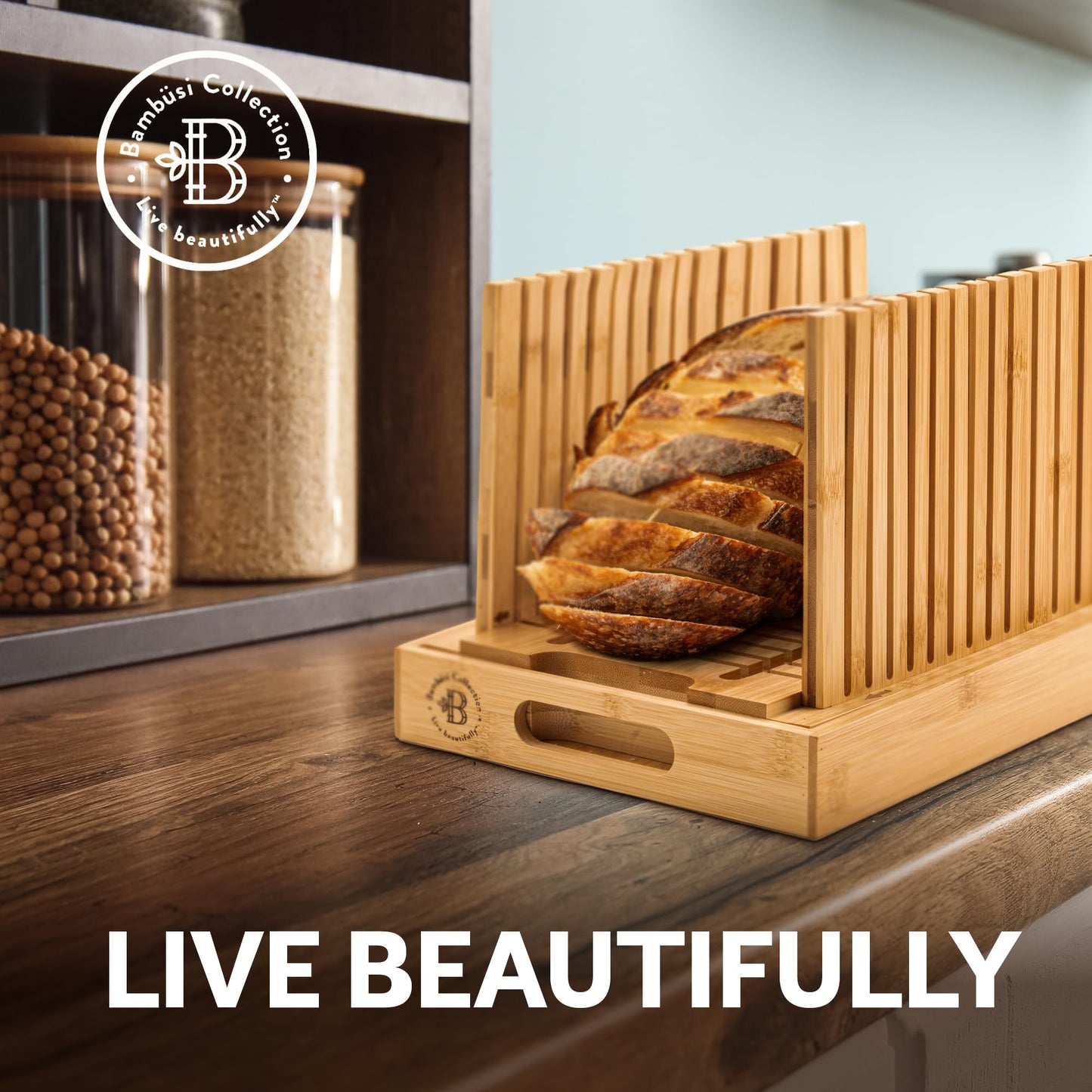Bread Slicer for Homemade Bread - Bambüsi Upgraded Adjustable Bamboo Bread Cutter Board, Foldable Slicing Guide with Crumb Tray for Sourdough, Artisan Loaves, Bagels, Cakes, Bakery Kitchen Gadget Gift