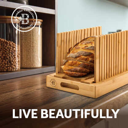 Bread Slicer for Homemade Bread - Bambüsi Upgraded Adjustable Bamboo Bread Cutter Board, Foldable Slicing Guide with Crumb Tray for Sourdough, Artisan Loaves, Bagels, Cakes, Bakery Kitchen Gadget Gift