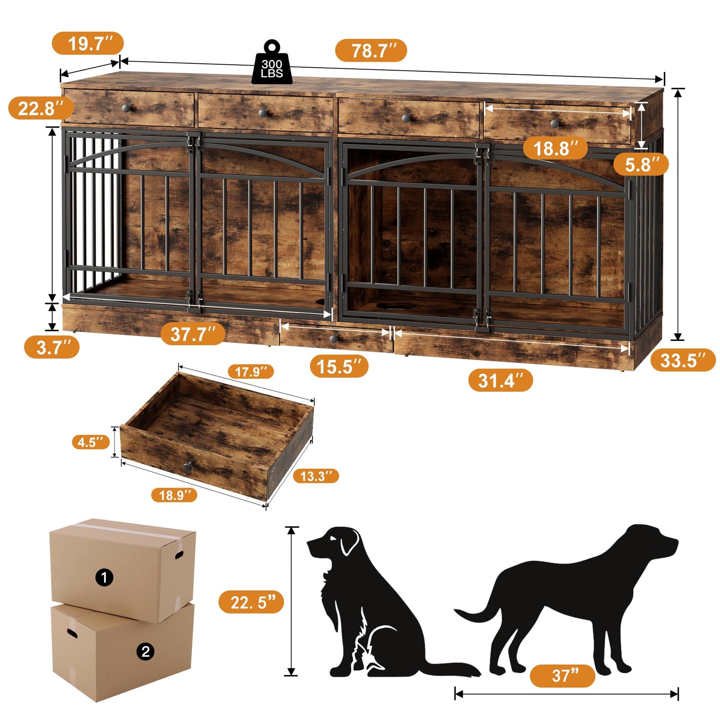 GarveeHome Dog Crate Furniture for 2 Dogs, Dog Kennel Indoor with 4 Storage Drawers and Feeding Bowls, Double Dog Crate TV Stand for Small Medium Dogs, Brown
