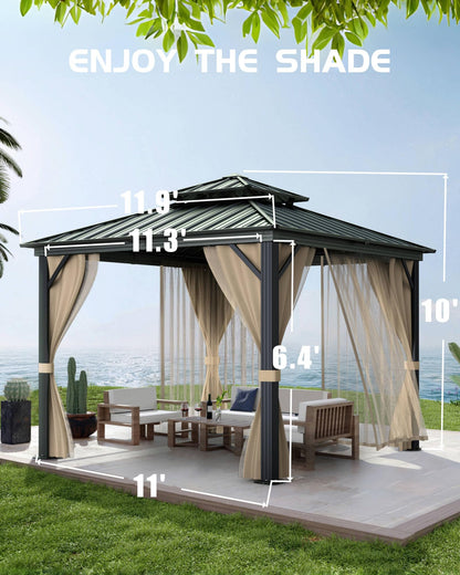 GarveeLife Hardtop Gazebo 12 ft x12 ft for All Weather, with Double Metal Roof, Aluminum Alloy Frame, Net, and Curtain, Permanent Building for Patio, Deck, Backyard, Lawn, and Garden