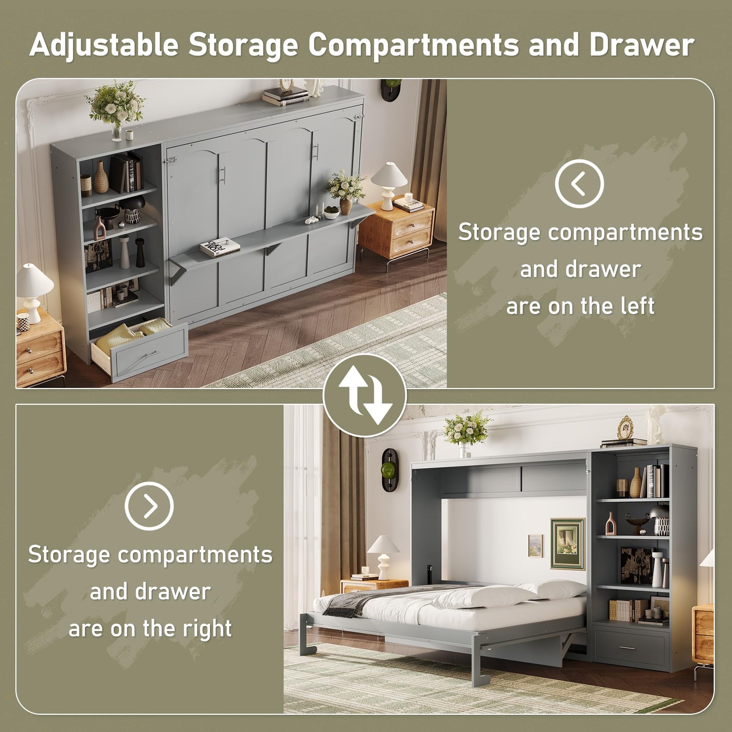 Merax Queen Murphy Bed with 3 Height Adjustable Storage Shelves & 1 Drawer, Wall Bed Frame Multifunctional Foldable Platform Bed for Small Space, Bedroom, Guest Room, Bear 500LBS (Gray)